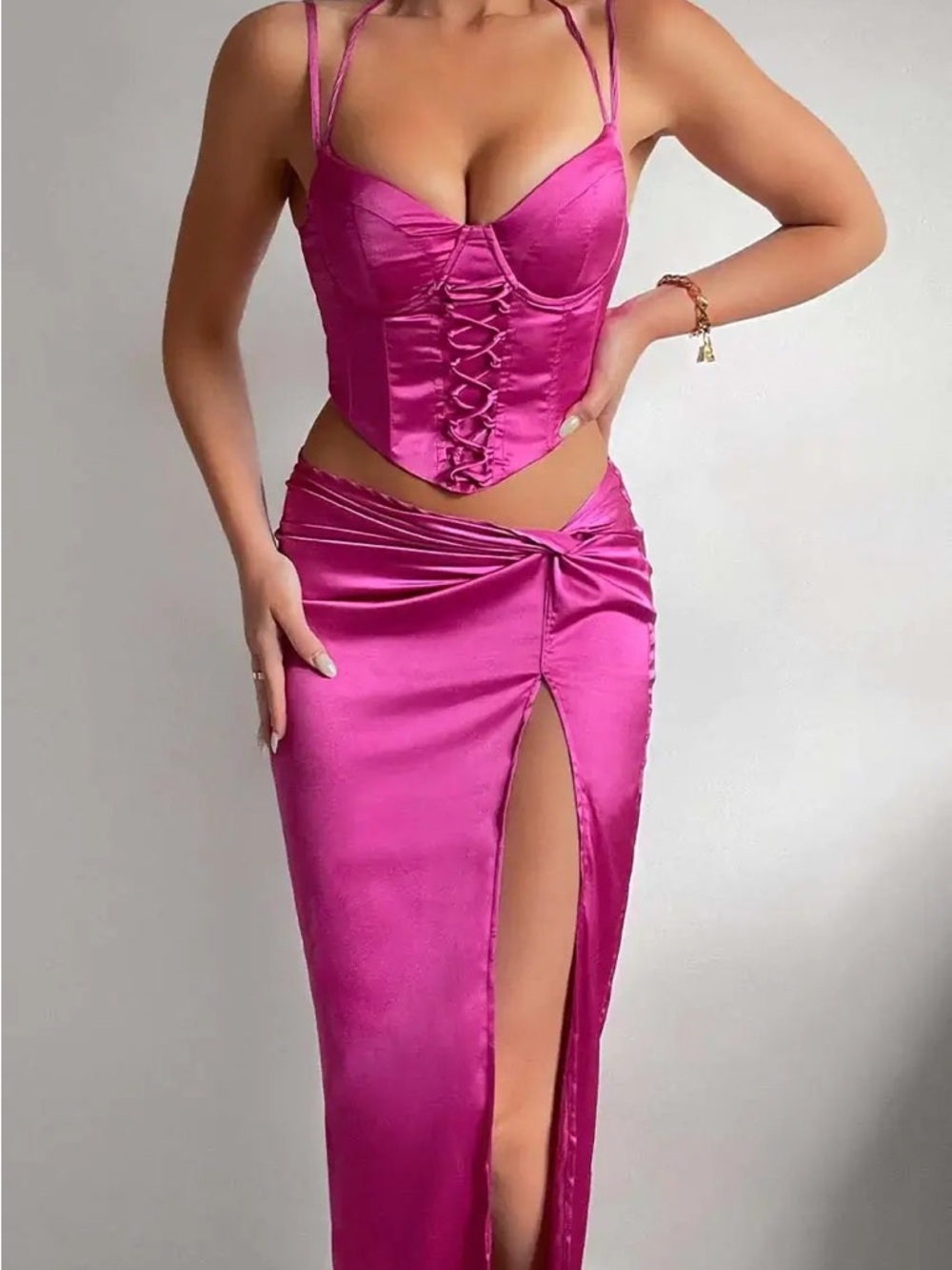 2pc Set Satin Fuchsia High-Slit Pencil Skirt & Corset Top